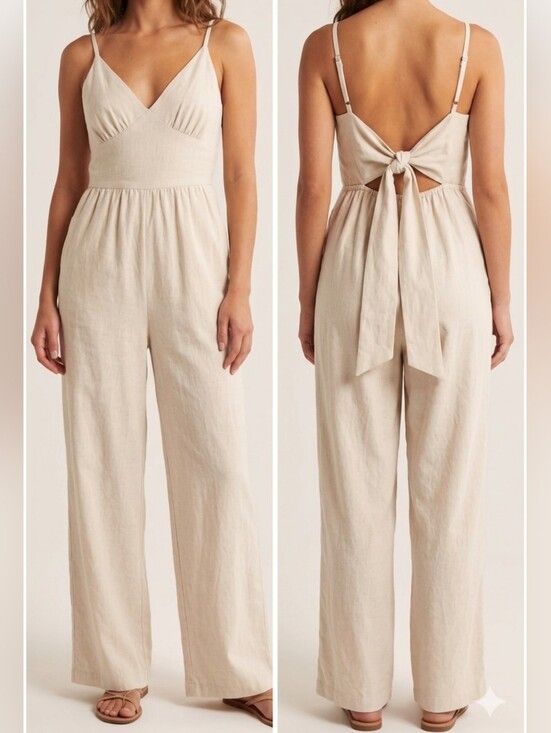 Japna Pants - Japna Cream Tie-Back Linen Jumpsuit